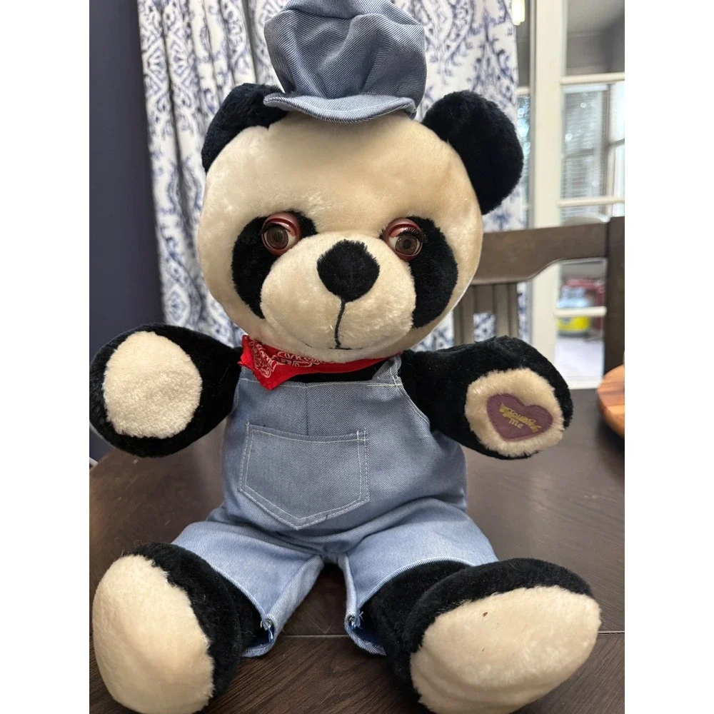 Vintage‎ Musical Panda Plush Bear in Denim Overalls Engineer Hat & Bandana 21